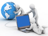 globe, group of the people and notebook on white background